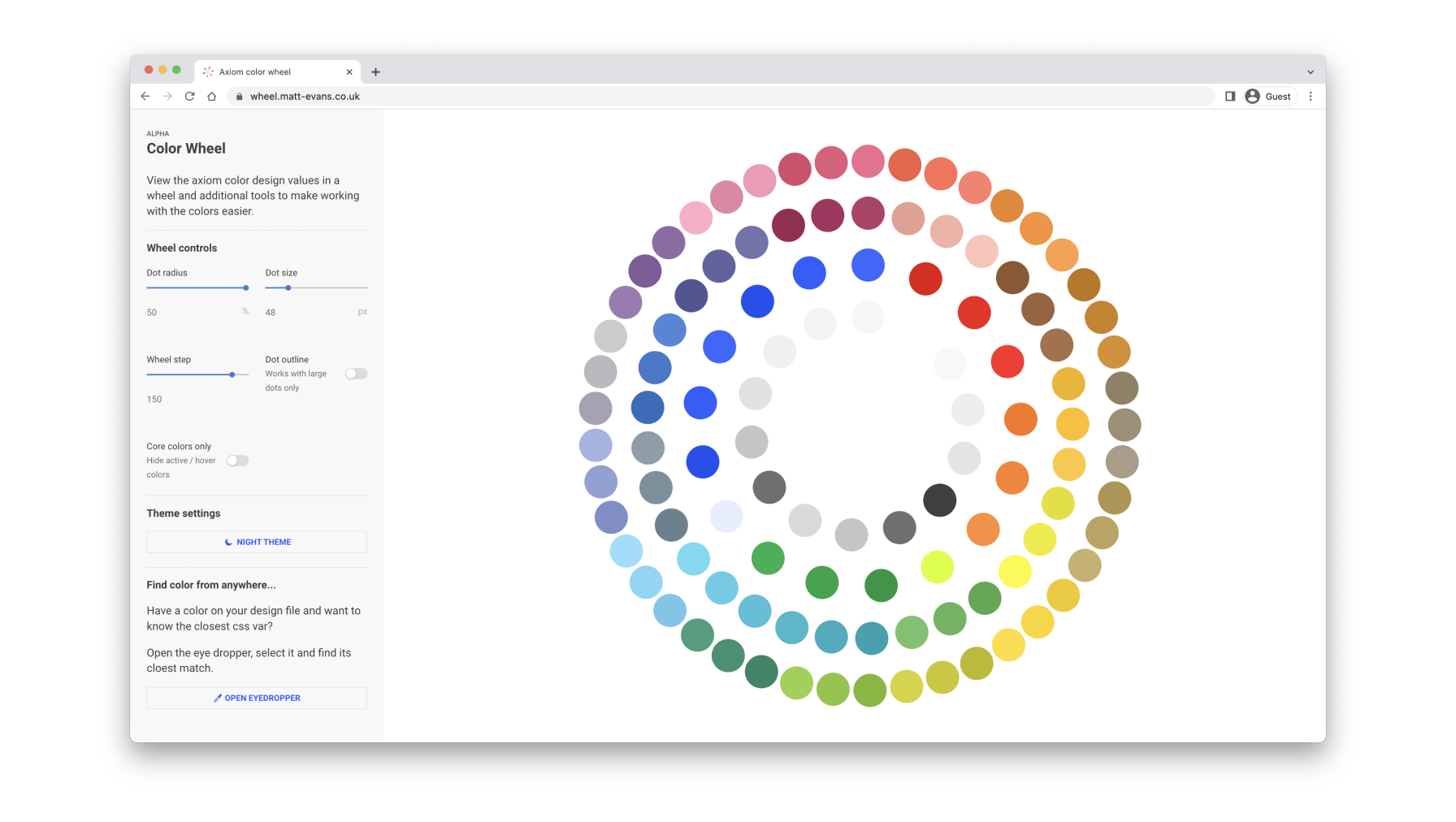 Color wheel tool showing a number of color swatches sorted chromatically with a sidebar of controls open